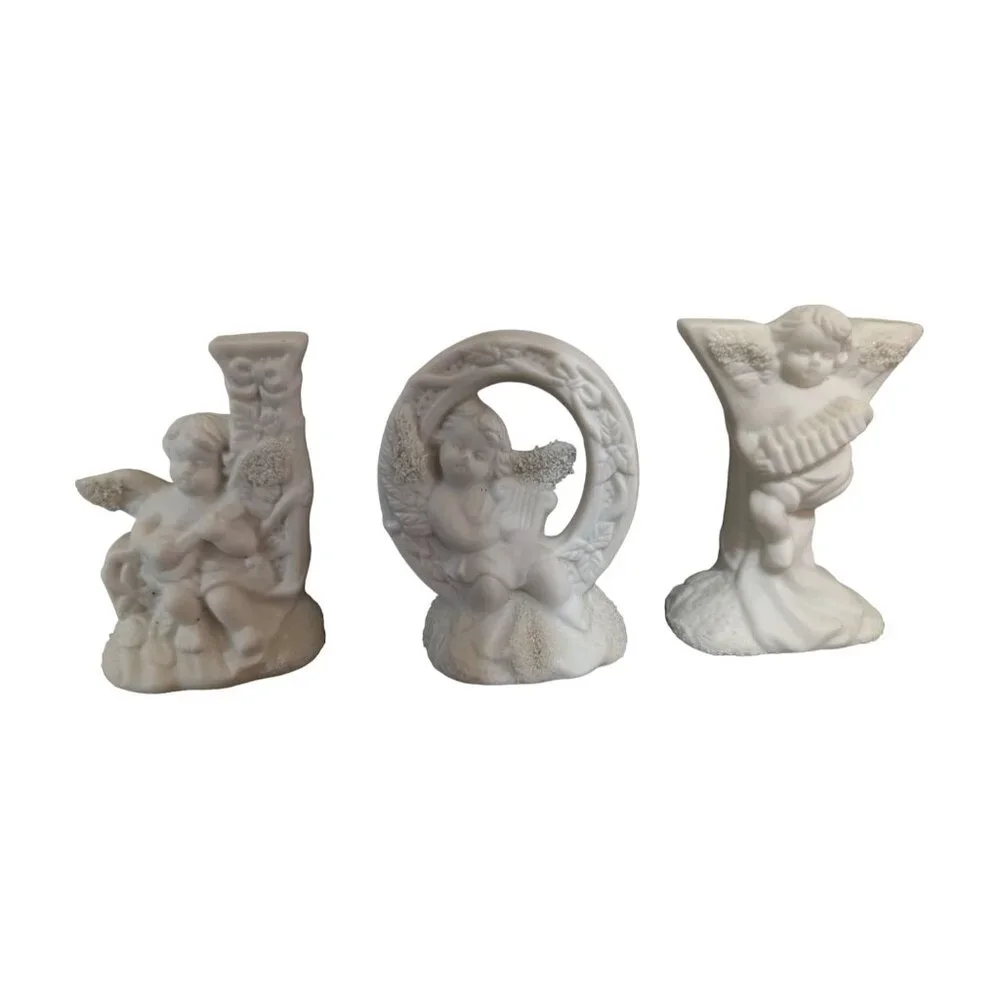 \Vintage JOY Angel Cherub Figurine Set White Musical Instruments Christmas Decor